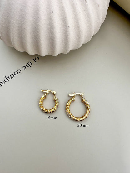 Velani Jewelry Twisted Hoop Earrings in 15mm and 20mm, 18K gold filled, hypoallergenic, lead and nickel free, handcrafted in Brazil.