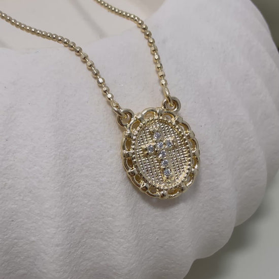 Velani Jewelry Blessed Cross Plate Necklace, 18K gold filled, hypoallergenic, waterproof with Cubic Zirconia for everyday wear.